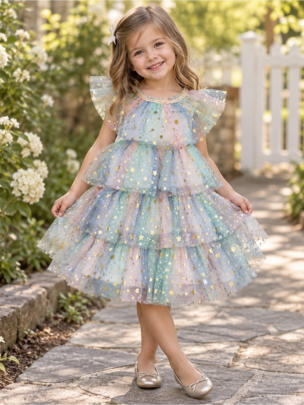 Lola + The Boys Pastel Gold Star Tulle Dress Girls 4/5T